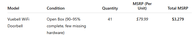 Electronics Lot Vuebell wifi video doorbell cameras 41x - EST RETAIL $3,279 - 93.9% SAVINGS